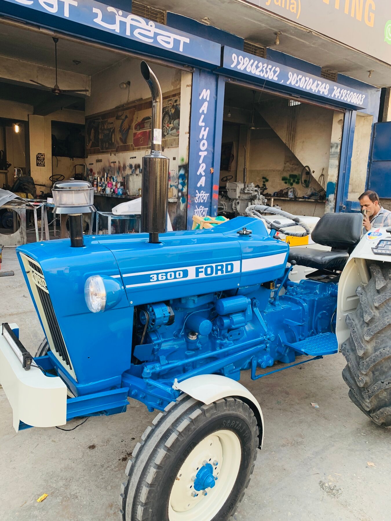 Restored Ford 3600 tractor outside the Malhotra Modifiers workshop in Yamunanagar
